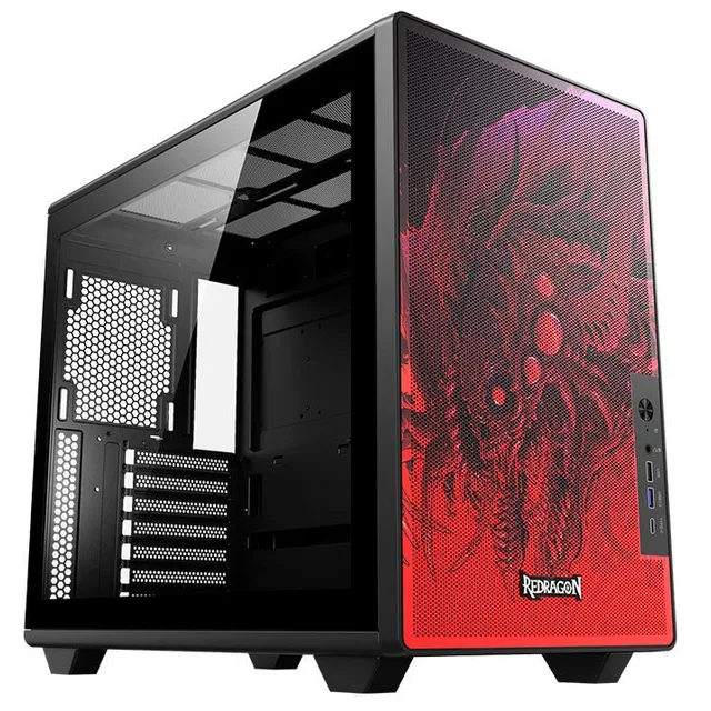 Gabinete Redragon Strafe Neo Infernal Dragon, preto e vermelho, vista frontal e lateral