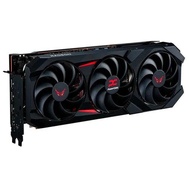 Placa de vídeo PowerColor Red Devil Radeon RX 9070 GRE 12 GB, 12 GB, vista frontal das ventoinhas
