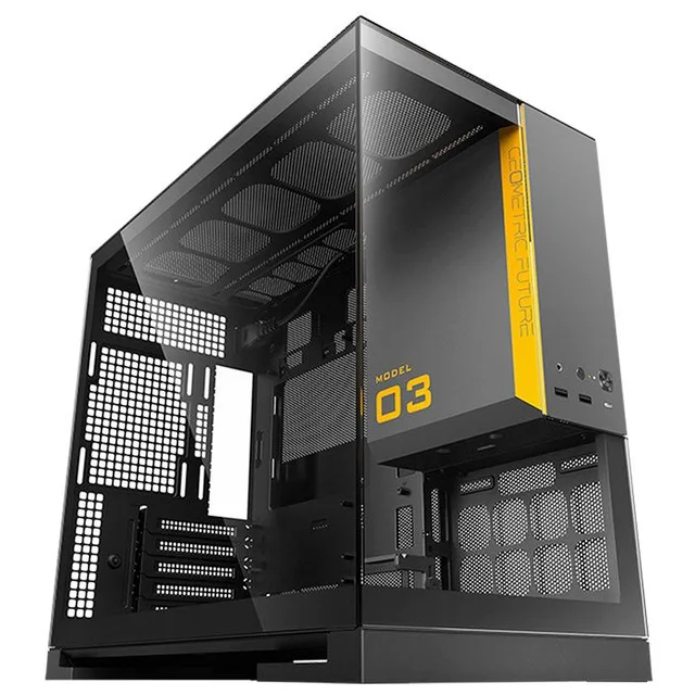 Gabinete Geometric Future Model 3 preto e cinza, vista frontal e lateral