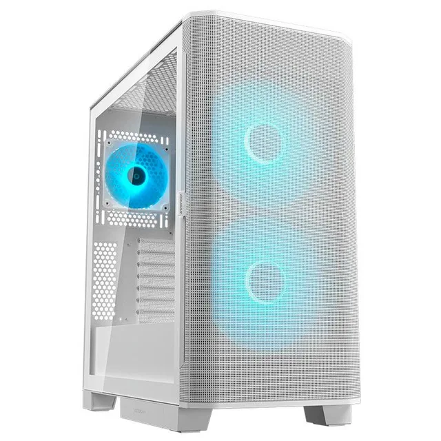 Gabinete Cougar Airface Flo, branco, vista frontal e lateral