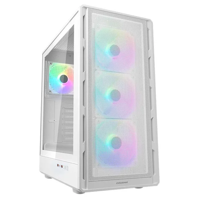 Gabinete Cougar Airface Pure branco, vista frontal e lateral
