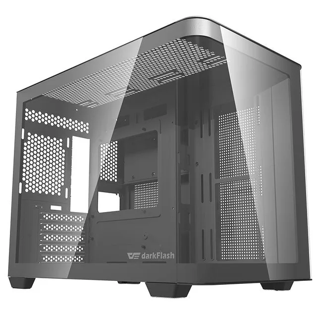 Gabinete Aigo DarkFlash DPW90M na cor preto, vista frontal e lateral