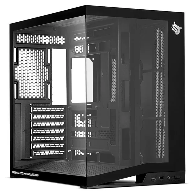Gabinete Pichau Osiris PRO, preto, vista frontal e lateral
