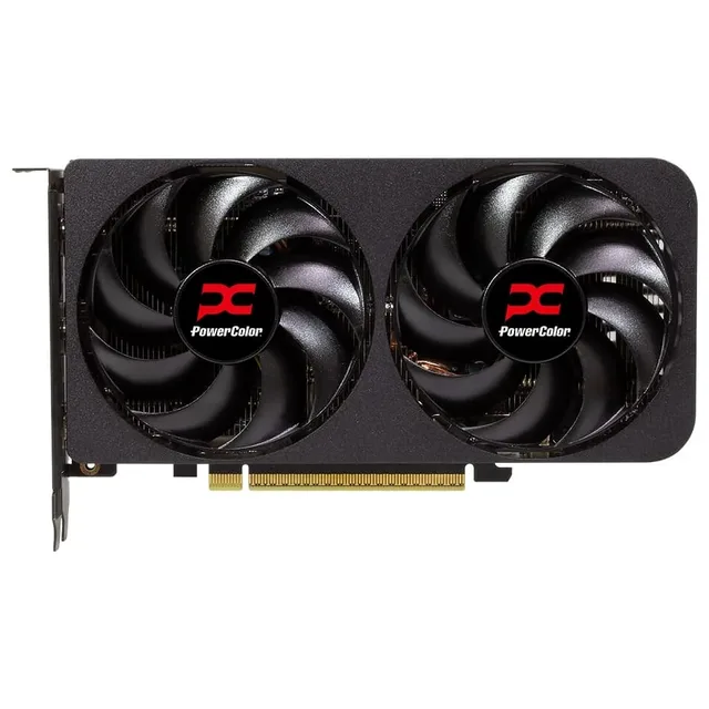 PowerColor RX 9060 XT Reaper, placa sem embalagem com o lado das ventoinhas visível