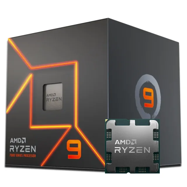 Caixa do AMD Ryzen 9 7900, com uma imagem do processador à frente.