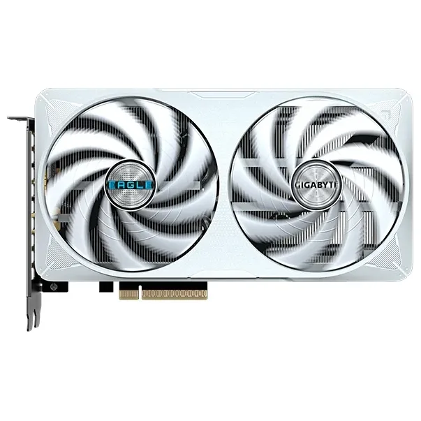 Gigabyte GeForce RTX 5060 Ti EAGLE OC ICE 8G, placa sem embalagem com o lado das ventoinhas visível