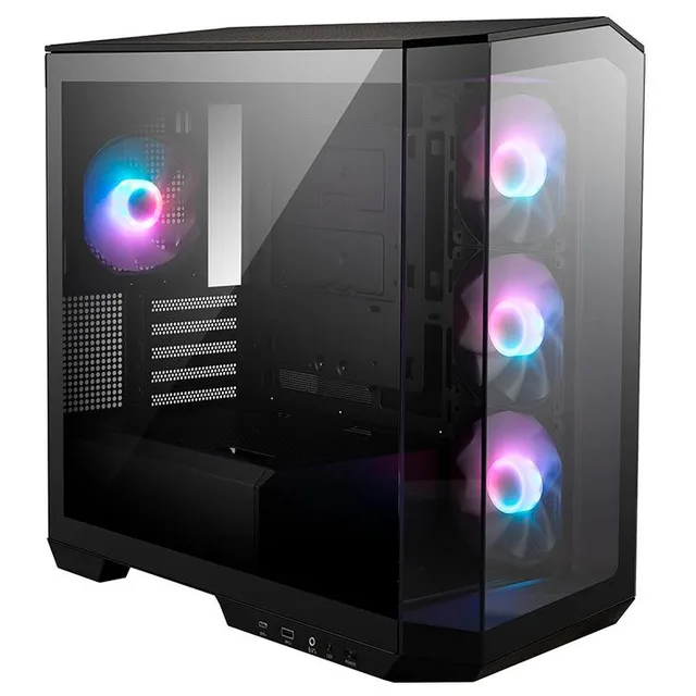 Gabinete MSI MAG Pano M100R PZ, preto, vista frontal e lateral