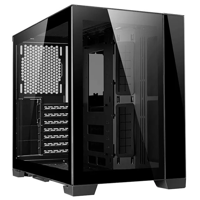 Gabinete Lian Li 011 Dynamic Mini Modular Lateral De Vidro Preto, preto, vista frontal e lateral