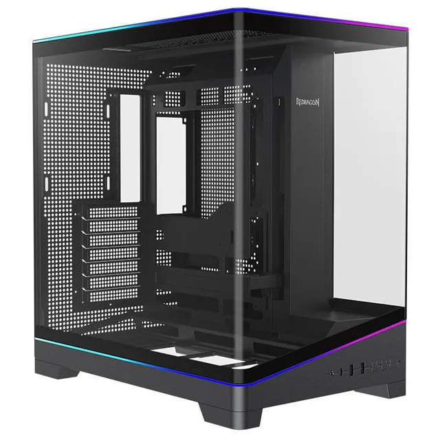 Gabinete Redragon View, preto, vista frontal e lateral