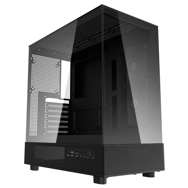 Gabinete Aigo Darkflash DPX90 na cor preto, vista frontal e lateral