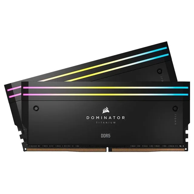 Corsair DOMINATOR TITANIUM RGB, vista lateral do kit com 2 módulos de 16 GB