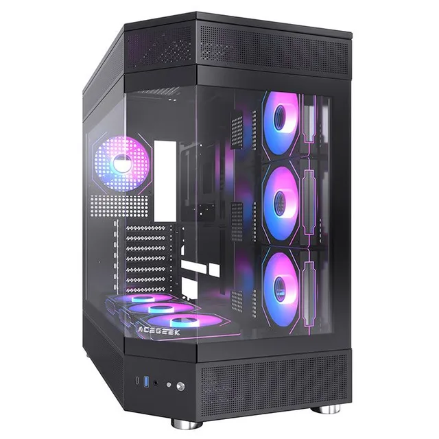 Gabinete Acegeek Icecube, preto, vista frontal e lateral