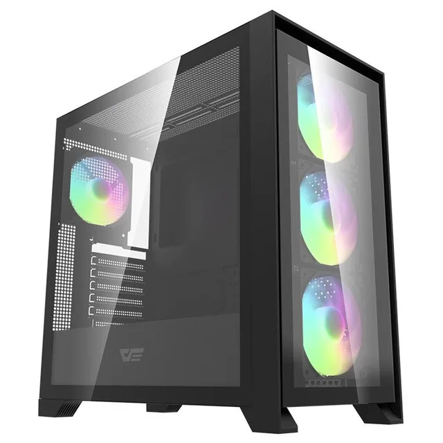 Gabinete Aigo DarkFlash DRX90 Glass na cor preto, vista frontal e lateral