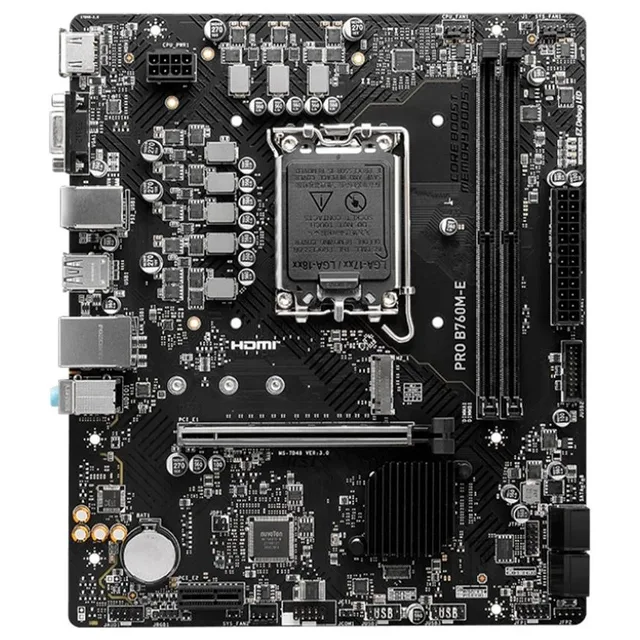 Placa-mãe MSI PRO B760M-E DDR4, vista frontal, sem perspectiva