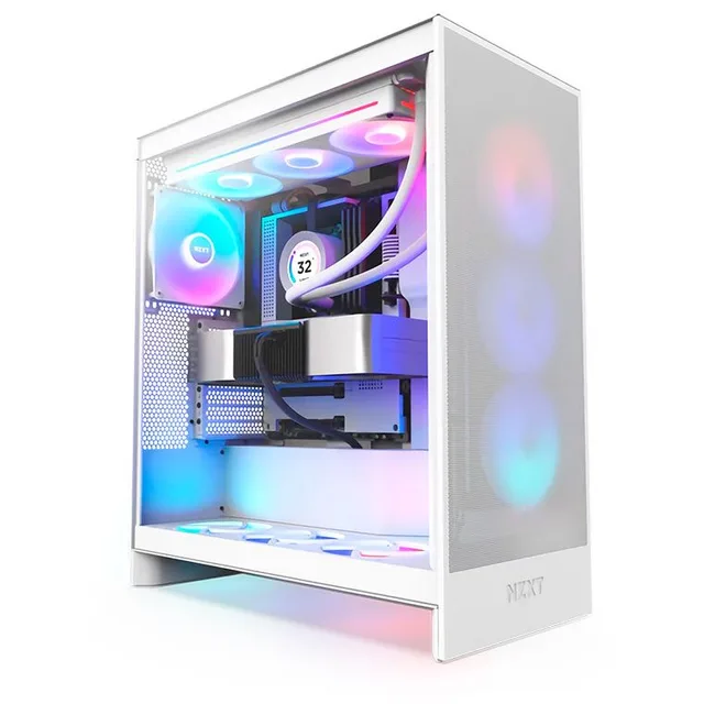 Gabinete NZXT H7 Flow RGB, branco, vista frontal e lateral