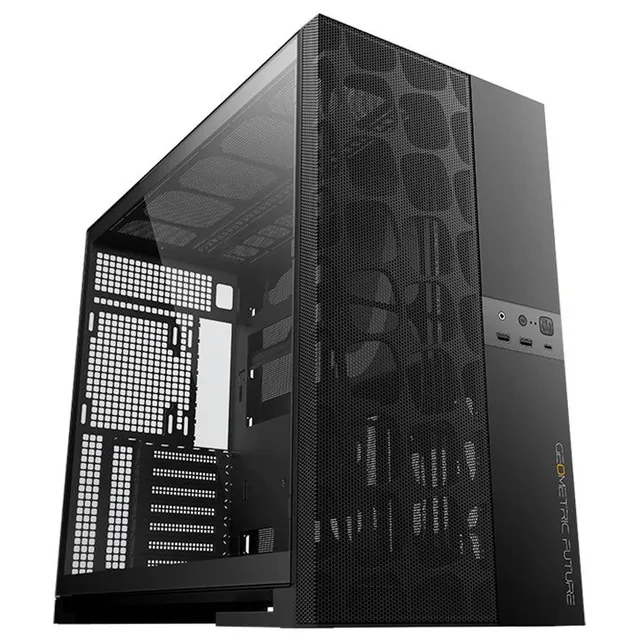 Gabinete Geometric Future Model 5 Vent na cor preto, vista frontal e lateral