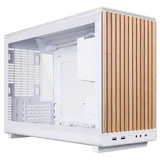 Gabinete Lian Li A3 Micro Wood Edition, branco, vista frontal e lateral; detalhes de madeira