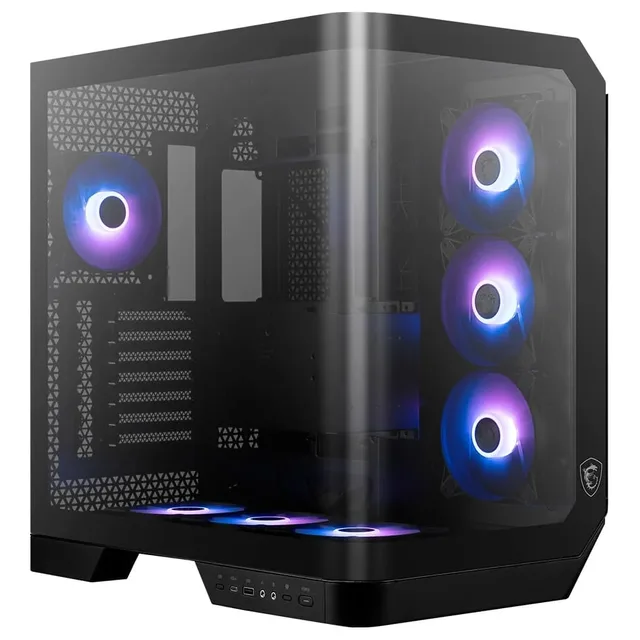 Gabinete MSI MAG PANO 120R PZ, vista frontal e lateral
