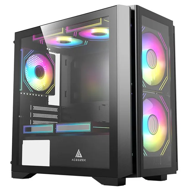 Gabinete Acegeek Vision M352 na cor preto, vista frontal e lateral