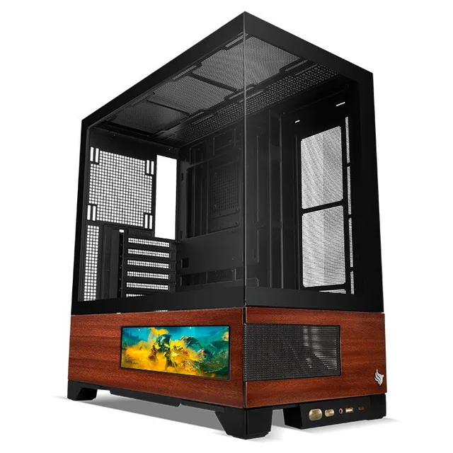 Gabinete Pichau HX750 Ligno, preto, vista frontal e lateral
