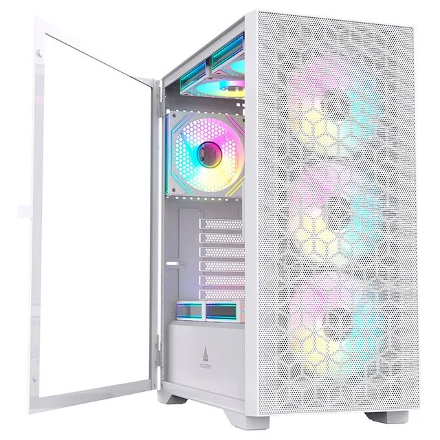Gabinete Acegeek Shield D440, branco, vista frontal e lateral