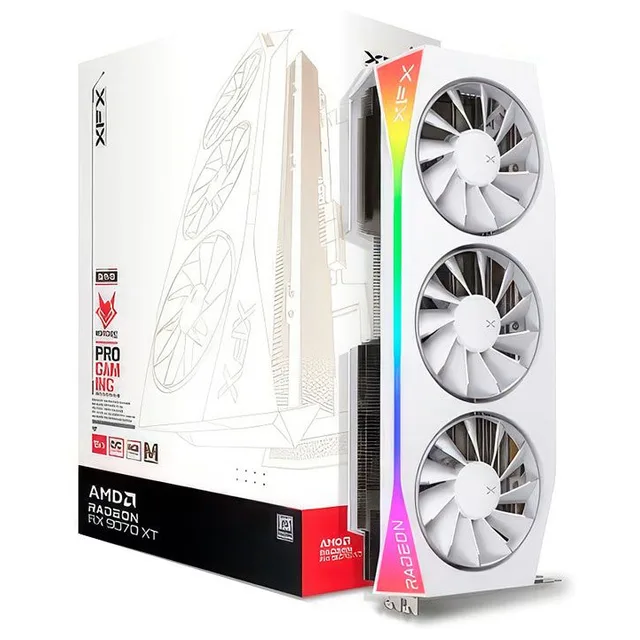 Placa de vídeo XFX Radeon RX 9070 XT Mercury White OC Magnetic Air Edition 16 GB, 16 GB, vista frontal das ventoinhas