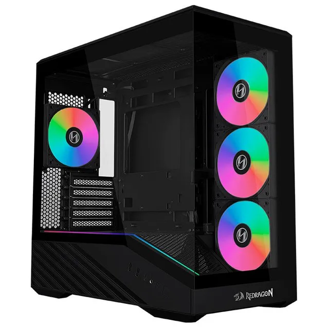 Gabinete Lian Li Vector V100 Mini X Redragon, preto, vista frontal e lateral