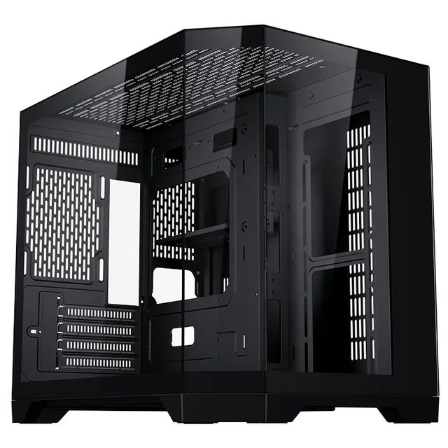 Gabinete Aigo Darkflash FT418 na cor preto, vista frontal e lateral
