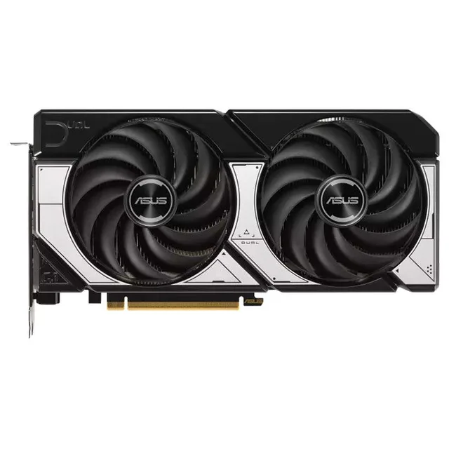 Placa de vídeo ASUS Dual GeForce RTX 5070 OC, 12 GB, vista frontal das ventoinhas